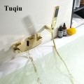 Tuqiu Bathtub Shower Set Wall Mounted Waterfall Bathtub Faucet, Bathroom Cold and Hot Bath and Shower Mixer Taps Brass Gold