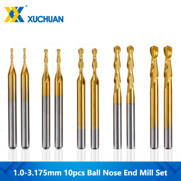 10pcs 1.0/1.5/2.0/2.5/3.175mm Ball Nose End Mill 1/8'' Shank Titanium Coated Carbide End Mill CNC Wood Milling Engraving Bit
