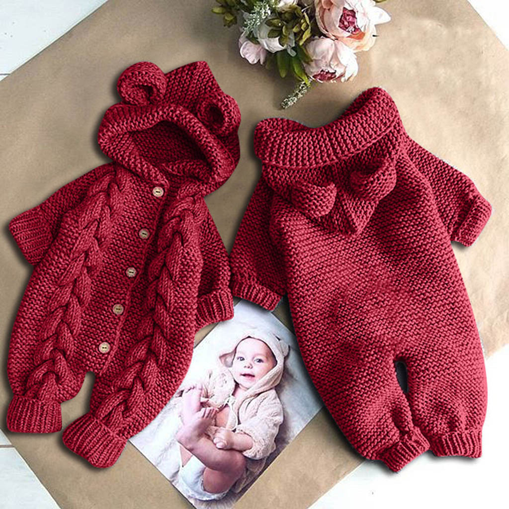 Newborn Infant Baby Girl Boy Winter Warm Coat Knit Outwear Hooded Jumpsuit Fashion Solid Long Sleeve Knit Cute Kids Baby Clothes