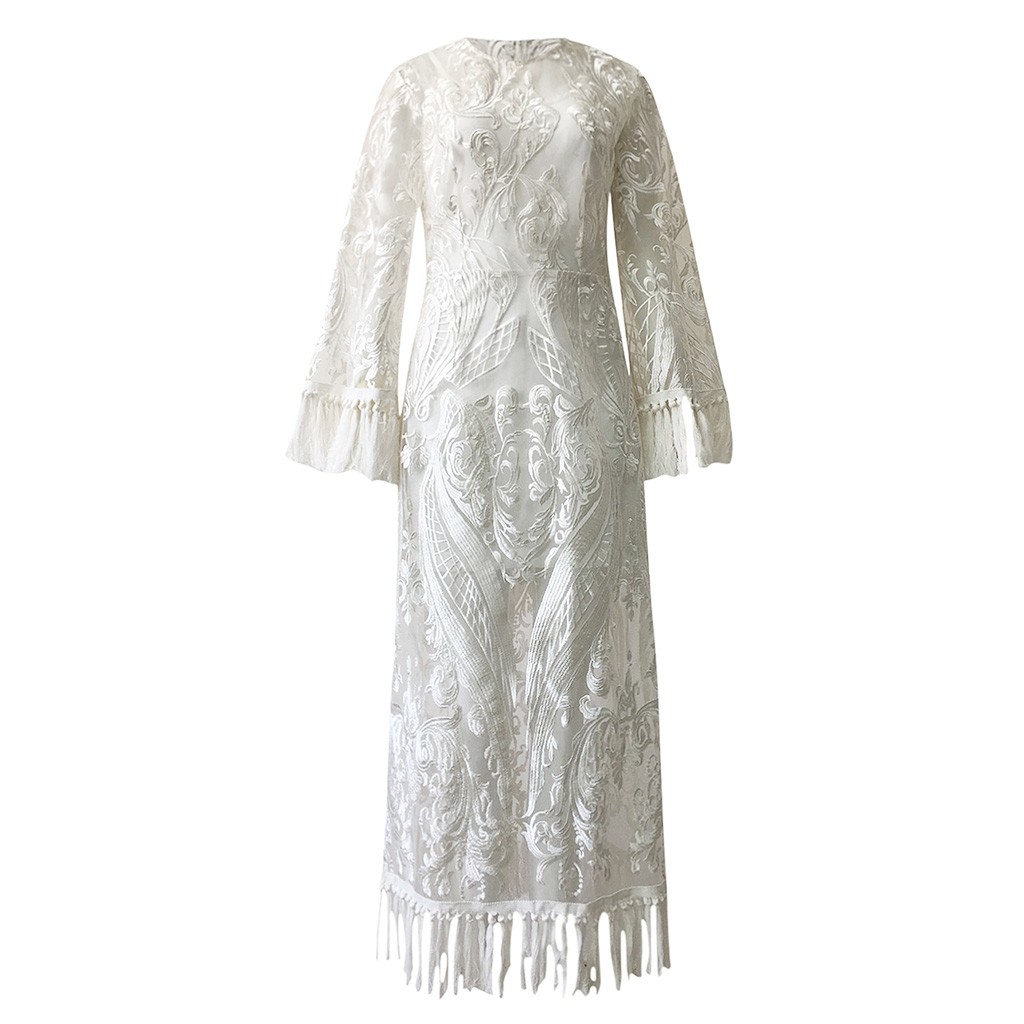 Vintage Dress Women Elegant White 2020 Women's Retro O-neck Flare Sleeve High Waist Embroidered Print Fringe Dress Vestidos#G7