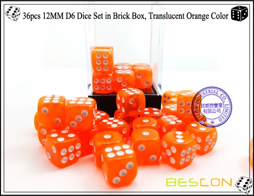 36pcs 12MM D6 Dice Set in Brick Box, Translucent Orange Color-4