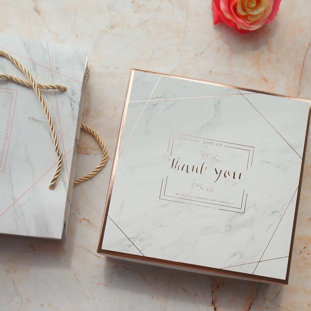 20*20*6.5cm 3set Rose Gold Marble Thank You Design Paper Box + Bag As Cookie Candy Handmade Sweet Wedding Birthday Gift Use