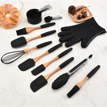 Silicone Wood Cooking Utensils Spatula Brush Scraper Pasta Server Gloves Egg Beater Black Kitchen Cooking Tools Kitchenware