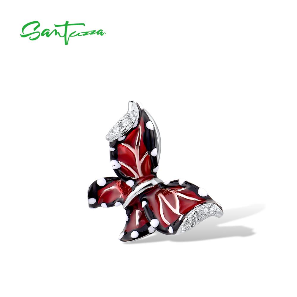 SANTUZZA Red Butterfly Jewelry Set For Woman White CZ Ring Earrings Pendant 925 Sterling Silver Fashion Jewelry HANDMADE Enamel