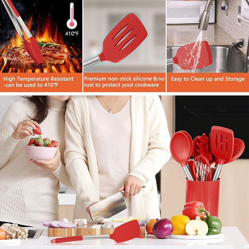 Silicone Cooking Utensils Set, 14/15Pcs Non-stick Kitchen Cooking Tools Set, Cookware with Stainless Steel Handle