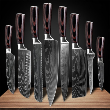 9pcs/set Kitchen Knives Stainless Steel Laser Damascus Pattern Chef Knife Sharp Cleaver Slicing Utility Knives Tool Dropshipping
