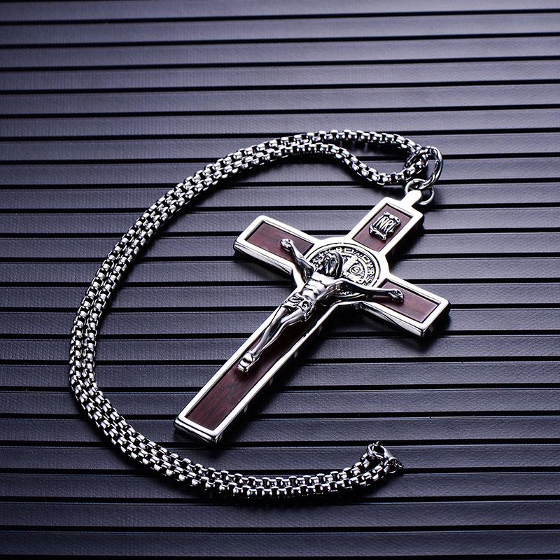 Big wide INRI Jesus Cross Crucifix Pendant Necklaces 316L Stainless Steel Link Chain St. Barbe Catholic Jewelry Father Gift