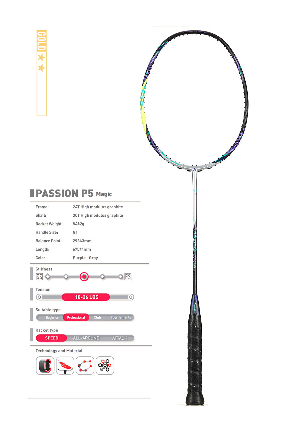 2019 Kawasaki Badminton Rackets Professional Type 30T Carbon Fiber Box Frame Racquet For Professional Players P5 P5-Magic