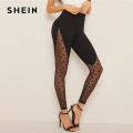 SHEIN Wide Waistband Star Mesh Panel Leggings 2019 Black Contrast Mesh Sheer Spring Summer Galaxy Pattern Sexy Women Leggings