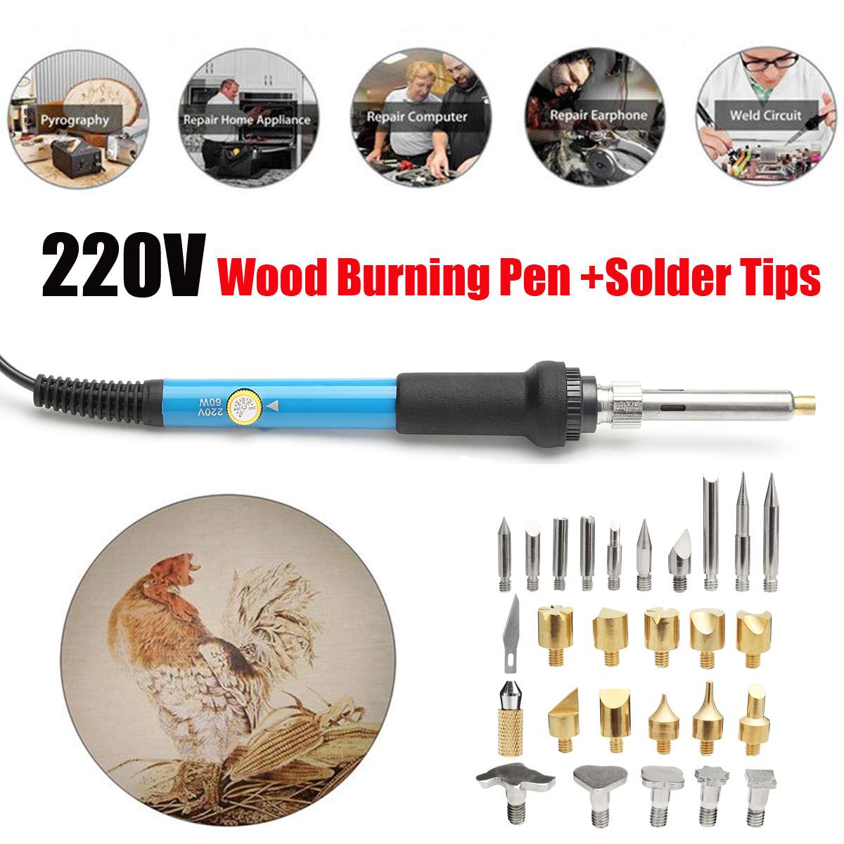 60W 220V 28Pcs Electric Soldering Iron Temp Adjust Wood Embossing Burning Carving Pyrography Engrave Cautery Tool Kit Solder Tip