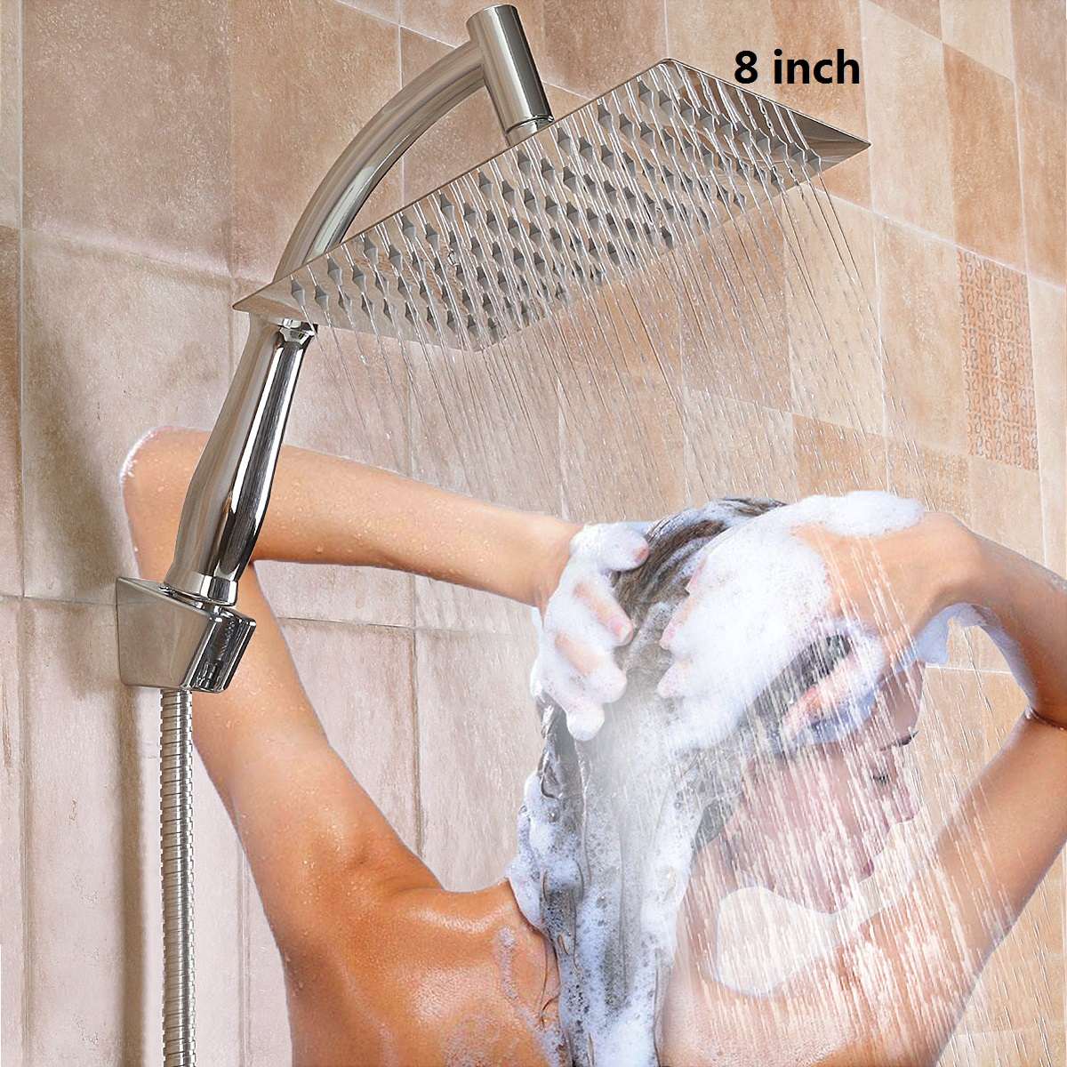 8 Inch Square Ultra-thin Rainfall Shower Head With 1.5m Stainless Steel Hose Shower Holder Celling Mounted Shower Head Set