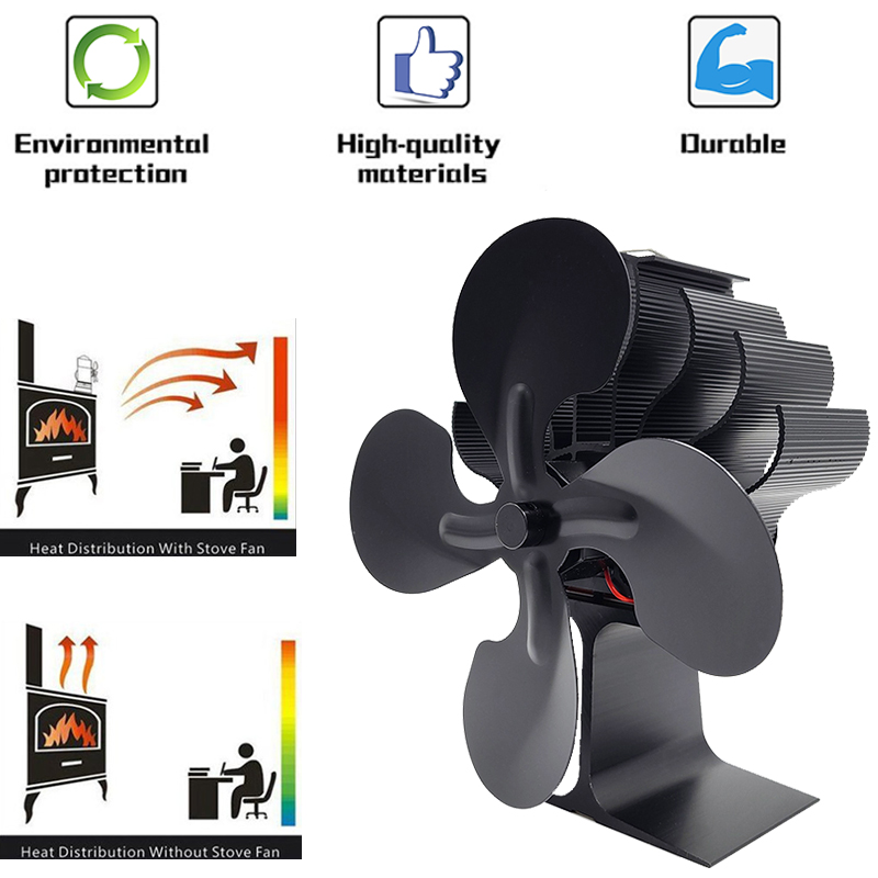 Black Fireplace 4 Blades Heat Powered Stove Fan Log Wood Burner Ecofan Quiet Home Fireplace Fan Efficient Heat Distribution