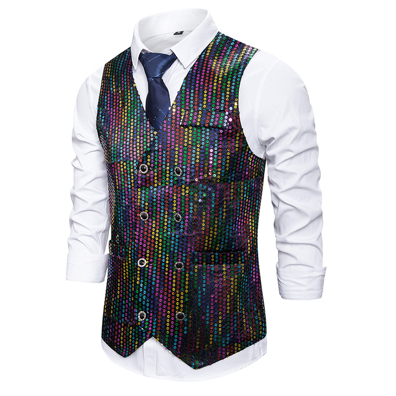 Mens Sequine Vests For Night Club Party Costumes Casual Double Breasted Men Vest Waistcoat Jacket Slim Fit Gilet Steampunk Homme