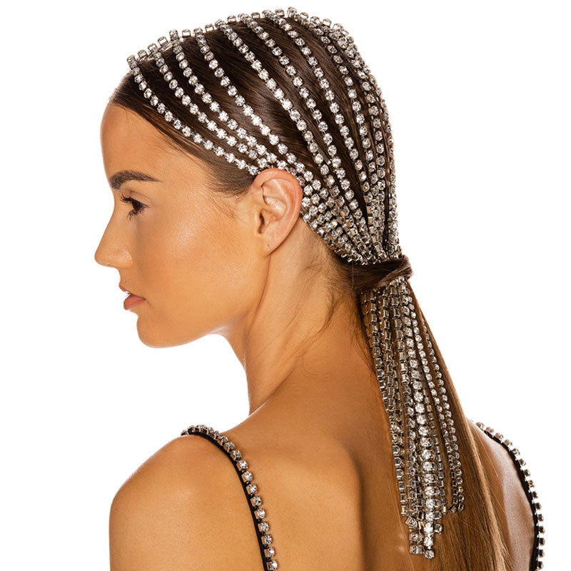 Stonefans Trendy Big Rhinestone Tassel Hair Chain Jewelry for Women Handmade Long Crystal Chain Bridal Hair Accessories Headwear