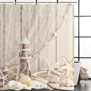 Nautical Shower Curtain Coastal Sea Shell Fishing Net Marine Ocean Beach Theme Bathroom Decor Lighthouse Starfish Bathroom