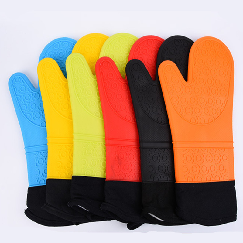 1 Pcs Insulation Silicone Anti-Skid Oven Mitts Ideal Protection With Extra Long Thick Quilted Cotton Liner Silicone BBQ Glove