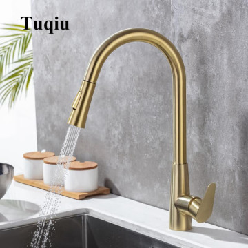 Tuqiu Kitchen Faucet Black Pull Out Kitchen Tap Brushed Gold Pull Down Kitchen Mixer Rotating Sink Faucet Mixer Tap SUS 304