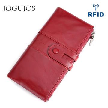 JOGUJOS Cowhide RFID Wallet Ladies Clutch Women Hasp Zipper Wallet Genuine Leather Female Purse Long Women Wallets Purse Coin
