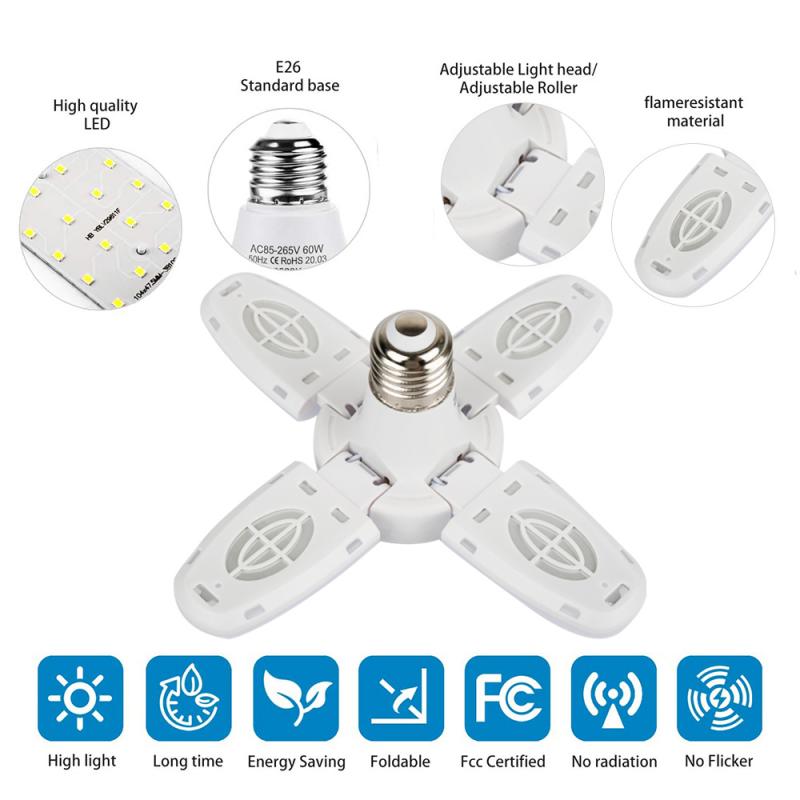 LED Bulb 38W E27 220V Home Energy Saving High Brightness Pendant Light Foldable Fan Blade LED Garage Light