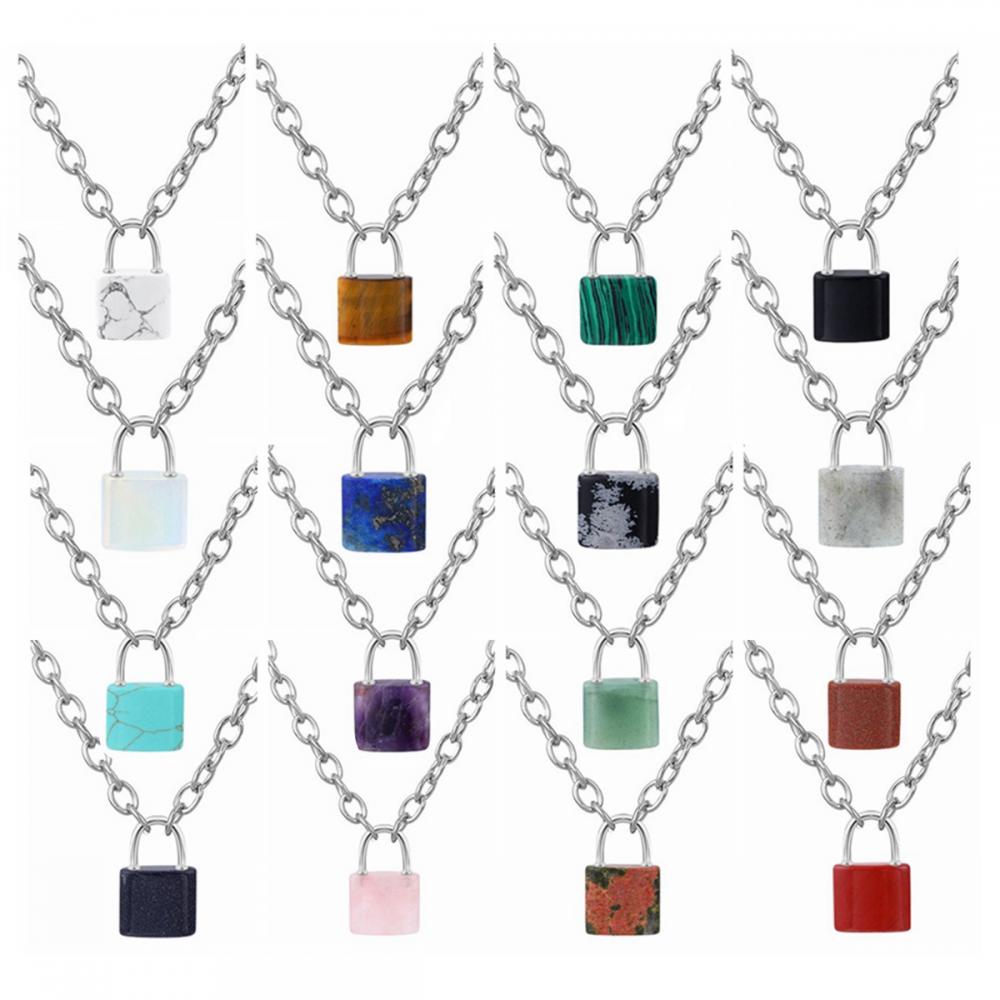 Gemstone Lock Shape Key Chain Necklace Stainless Steel Chain Necklace for Men Women