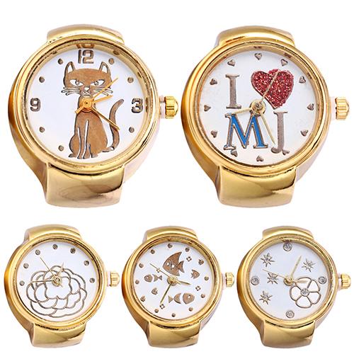 Lady Girl Golden Tone Round Elastic Alloy Quartz Watches Creative Finger Ring Watch Ladies Dress Watches Gift Luxury