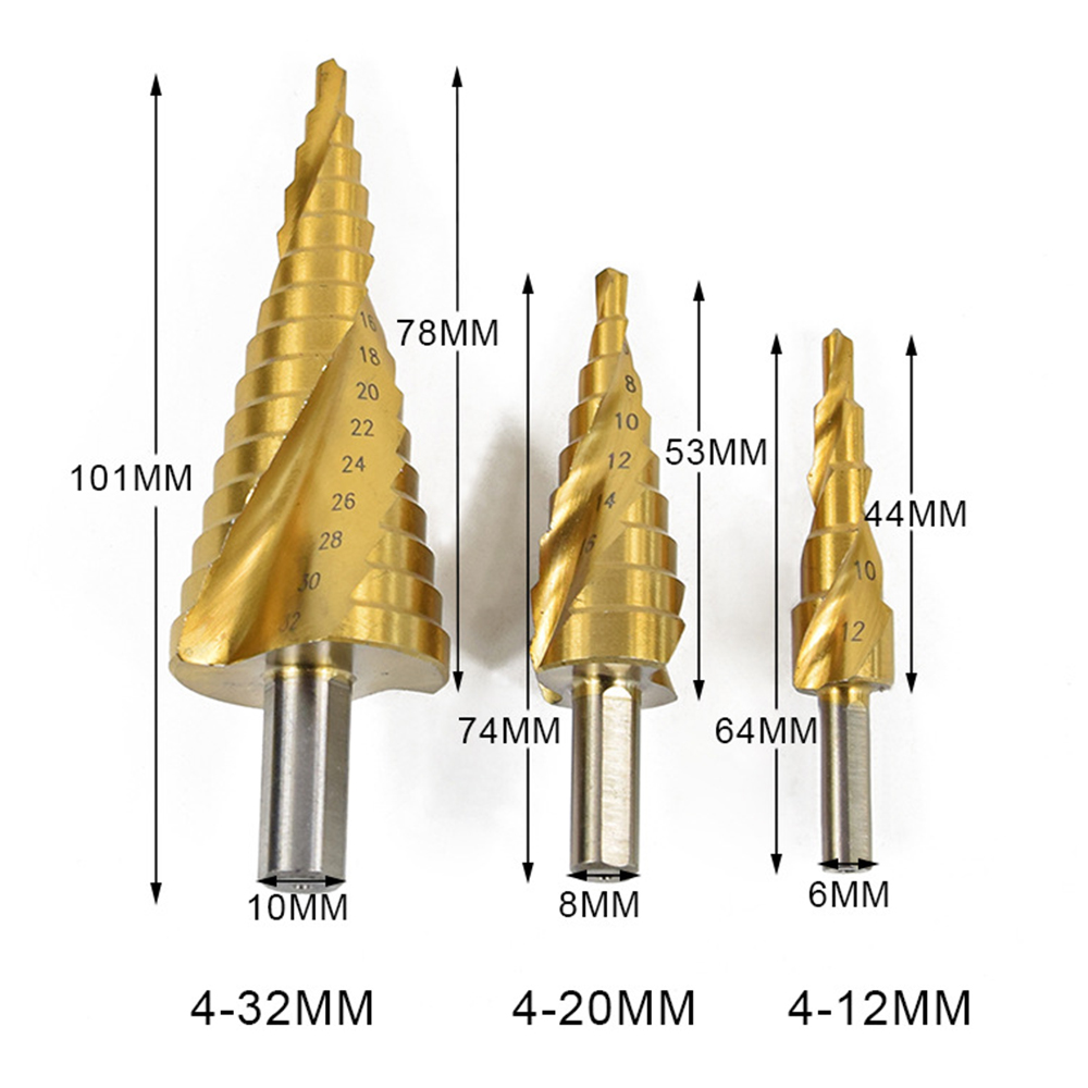 Triangular Shank Step Drill Bit HSS Straight Spiral Groove Center Cone Hole Cutter 4-12mm 4-20mm 4-32mm For Metal Wooding Tool