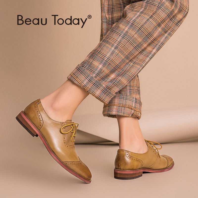 BeauToday Brogue Shoes Women Genuine Leather Round Toe Good Quality Sheepskin Lady Flats Wingtip Shoes Handmade 21409