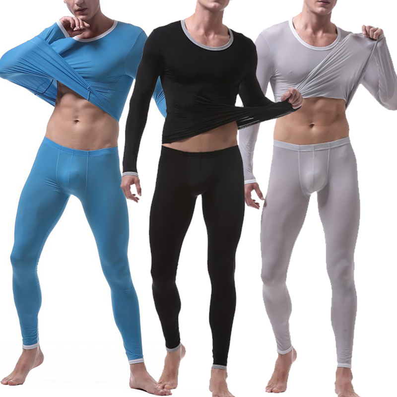 2PCS/Set Men Thermal Compression Set Ice Silk Underwear Men Sexy Long Johns Transparent Underwear Bottom Soft Legging Underwear
