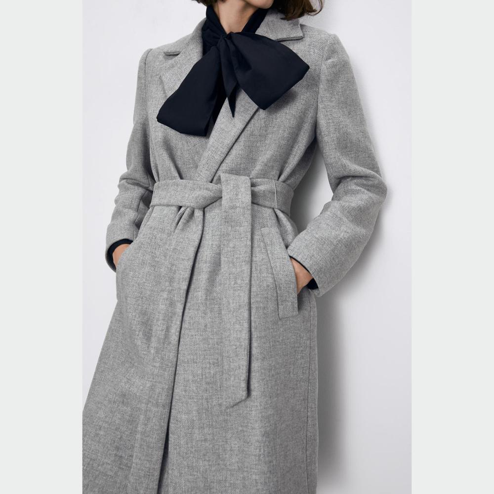 ZA autumn winter gray wool coat women thick long solid sashes casual women's windbreaker Outerwear woolen trench female clothes