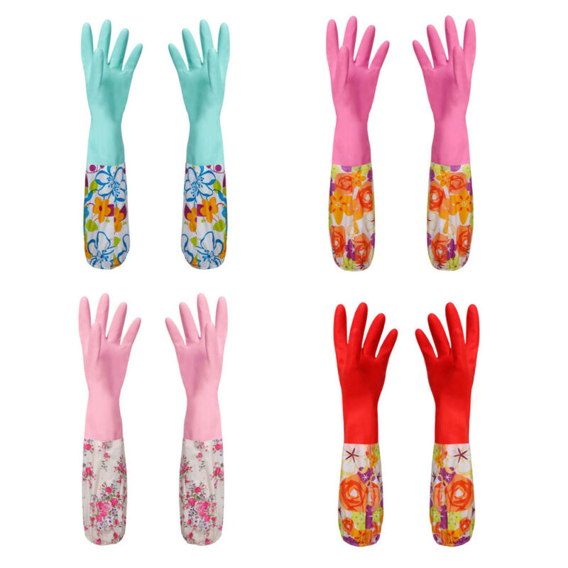 Flower Rubber Velvet Long Household Gloves Antiskid Household Dish Washing Cleaning Gloves Kitchen Tool