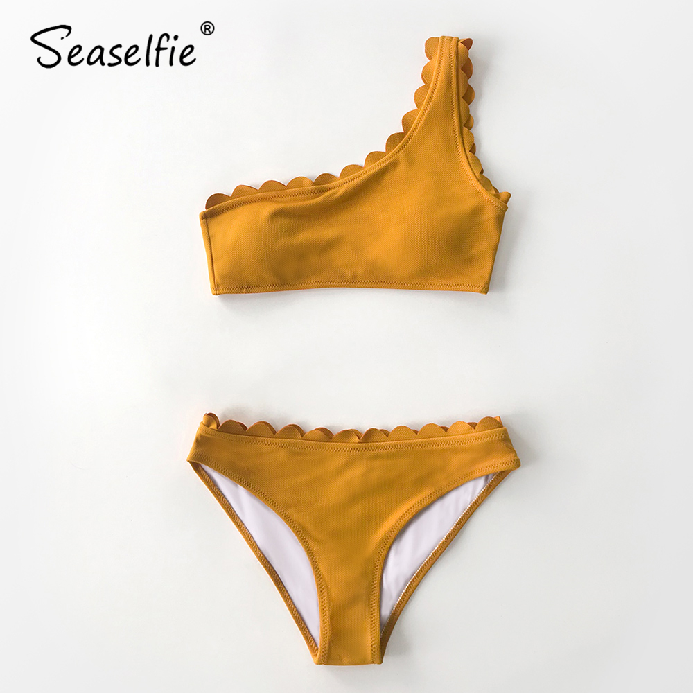 SEASELFIE Sexy Navy One Shoulder Low-waist Bikinis Set Swimwear Women Swimsuits Bathing Suit 2021 Scalloped Bikini Beachwear