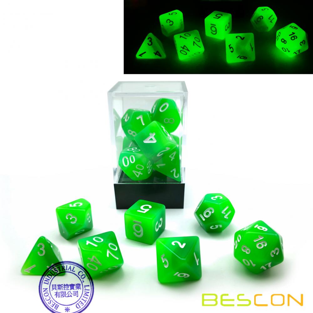 Bescon Gradient Glowing Polyhedral Dice 7pcs Set FOREST LIGHT, Gradual Luminous RPG Dice Set Glow in Dark, Novelty DND Game Dice