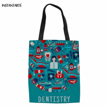 INSTANTARTS Funny Cartoon Dentistry/Teeth Print Woman Cotton Shopping Bags Large Teen Girls Cloth Eco Bags Casual Students Bags