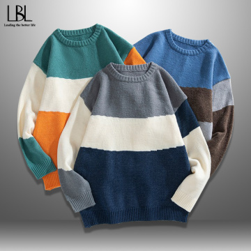 Men Sweaters 2021 Spring Winter Fashion Casual Slim Loose Cotton Knitted Mens Striped Sweater Pullovers Man Patchwork Knitwear