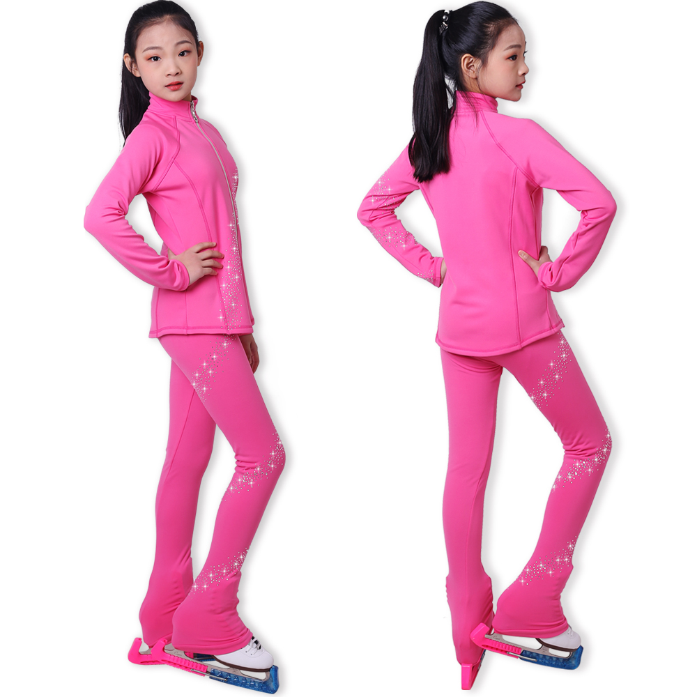 Customized Figure Skating Suits Jacket and Pants Long Trousers for Girl Women Training Ice Skating Warm black pink Mesh sleeve