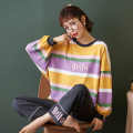 Plus Size 3XL 4XL New Autumn Winter Cute Sleep Lounge Pajama Long Sleeve Stripe Women Pajama Set Full Cotton Sleepwear for Women