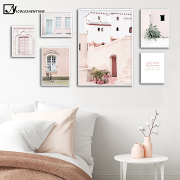 Pink Arabic Architecture Rural Landscape Poster Old House Bike Canvas Print Nature Wall Art Painting Nordic Decoration Picture