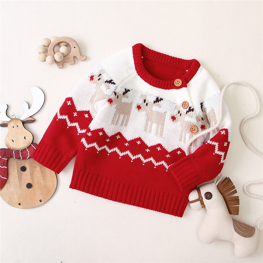 Newborn Infant Baby Boy Girl Christmas Sweater Round Neck Long Sleeve Loose Elk Pattern Print Pullover Top For Autumn Winter