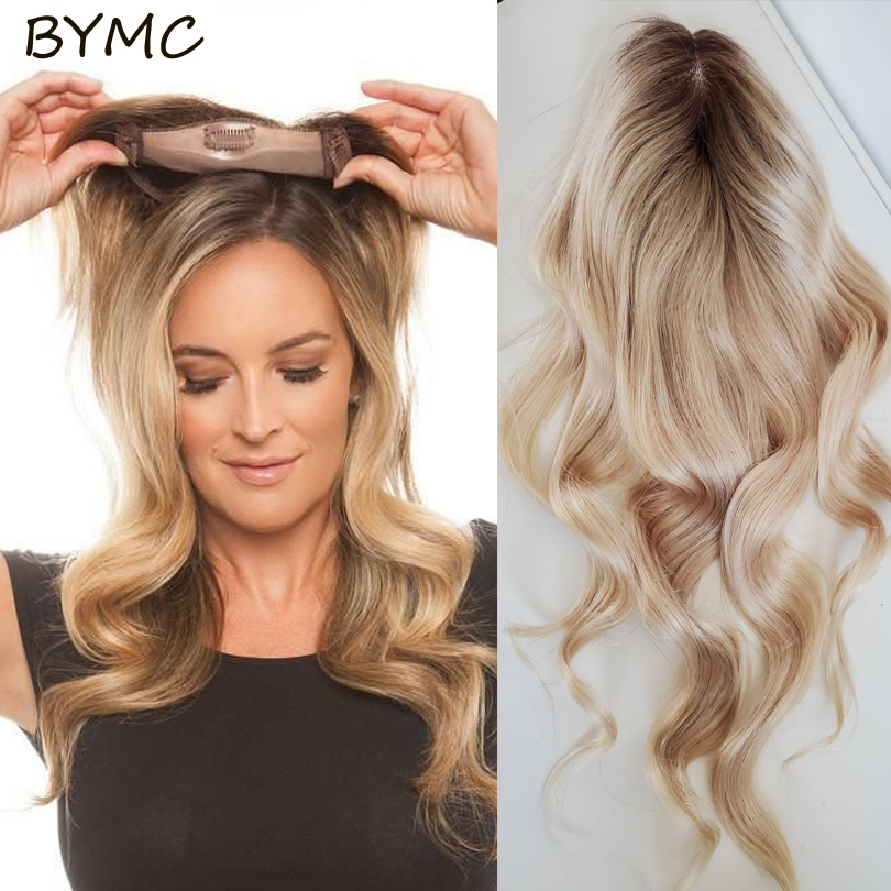 Ombre Blonde Human Hair Body Wave Topper Wig For Women 8*15cm Breathable MONO PU Base With Clip In Hair Toupee Remy Hair piece