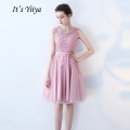 It's YiiYa Cocktail Dress Little Appliques Beading Pink Wedding Formal Dresses Flowers Illusion Knee Length Party Gown LX073-2