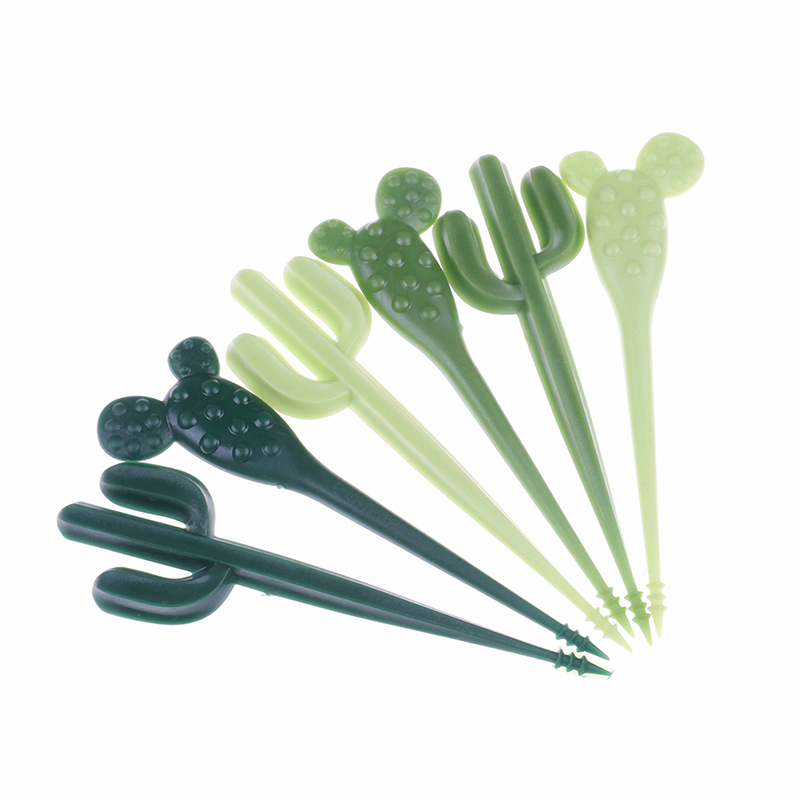 6pcs/pack hot sale Green Cactus Fruit Forks Plastic Toothpick Kids Tableware Fruit Fork Food Picks