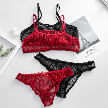 New Sexy Lingerie Set Underwear Polka Dot Mesh Frill Trim Lace Women Bra Set Top Lace Transparent Black Red Color 2020