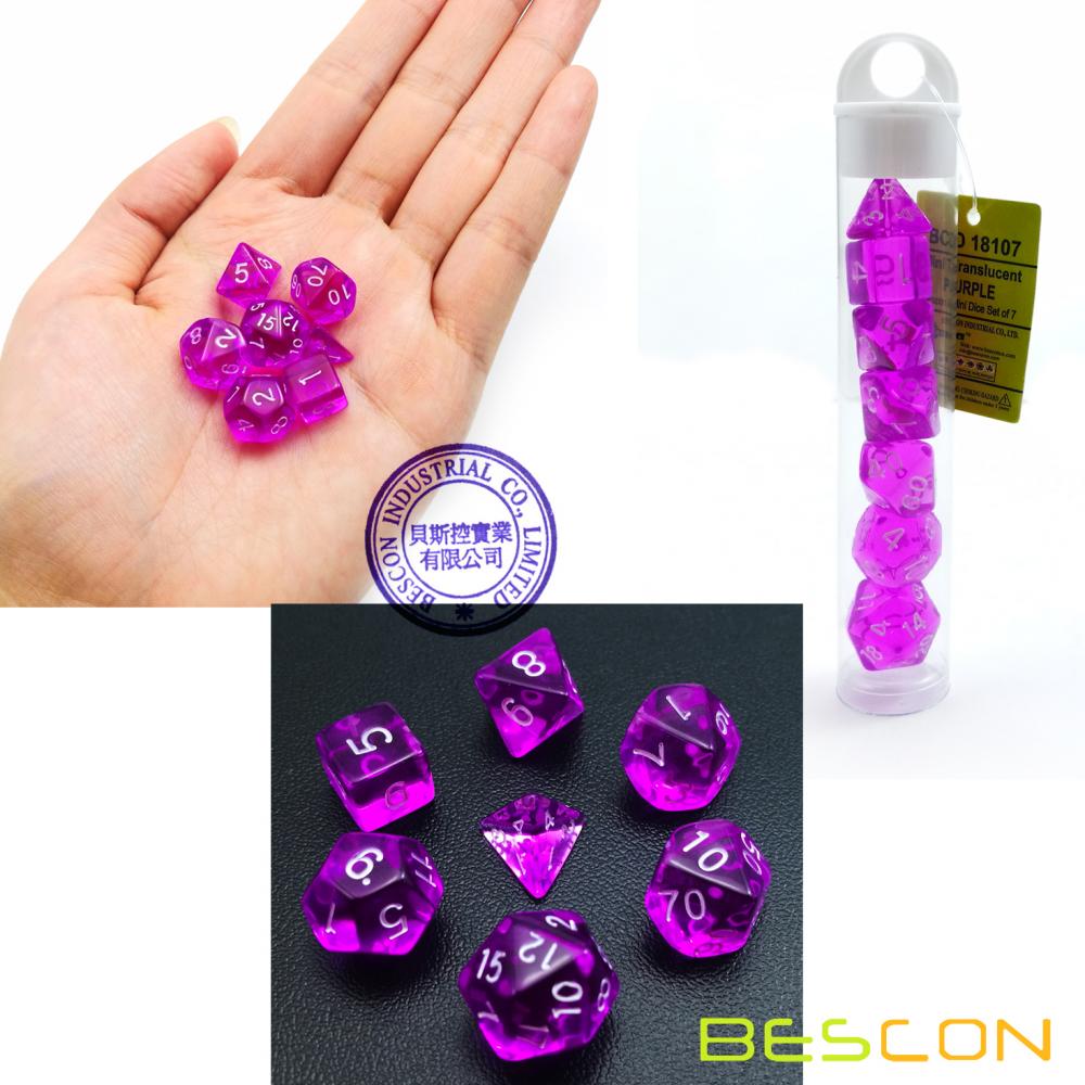 Bescon Mini Translucent Polyhedral RPG Dice Set 10MM, Small RPG Role Playing Game Dice Set D4-D20 in Tube, Transparent Purple