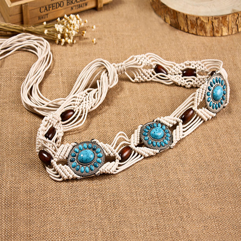 Boho Ethnic Style Womens Braided Belt Colourful Wooden Bead Belts Handmade Braided Wax Rope Wide Ladies Waist Chain For Dress