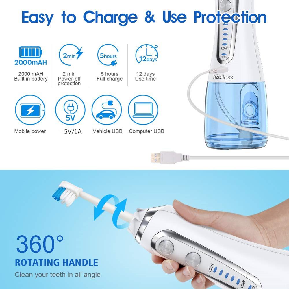 300ml Portable Oral Irrigator USB Rechargeable Dental Water Flosser Jet 5 Modes Irrigator Dental Teeth Cleaner + 5 Jet Tip & Bag