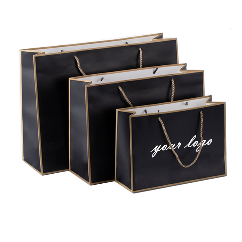 100pcs gold gift / bag black frame white thickened gift business bag shopping paper bag packaging bag custom logo printing