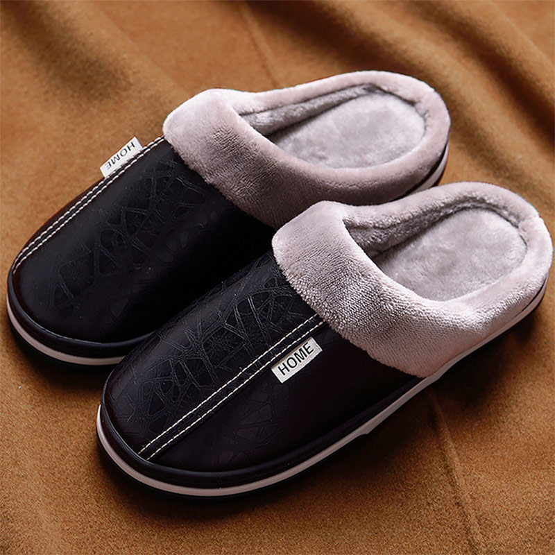 Men slippers leather winter warm house slippers waterproof 2020 anti dirty plush male slippers non-slip plus size 7.5-16