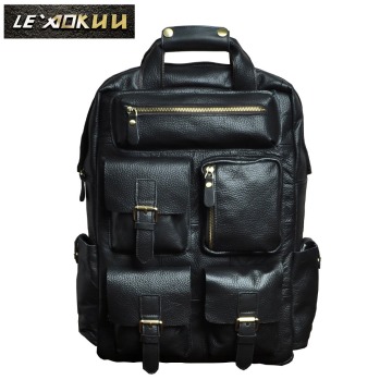 Men Original Leather Fashion Travel University College School Bag Designer Male Black Backpack Daypack Student Laptop Bag 1170-b