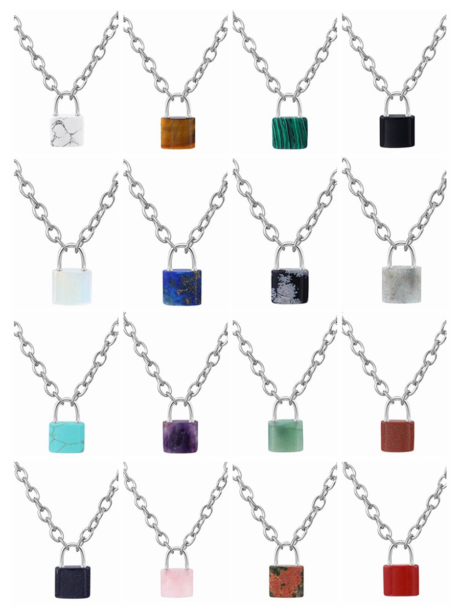 Gemstone Lock Shape Key Chain Necklace Stainless Steel Chain Necklace for Men Women