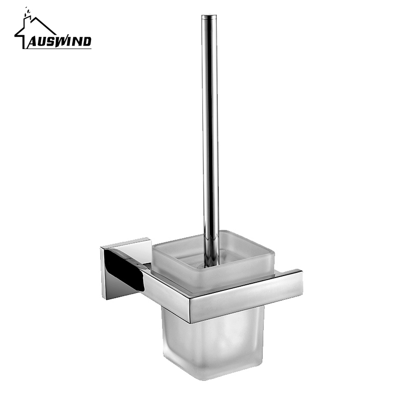 Modern Wall Mounted 304 Stainless Steel Polished Toilet Brush Holder with Glass Cup Bathroom Accessories AU7-2